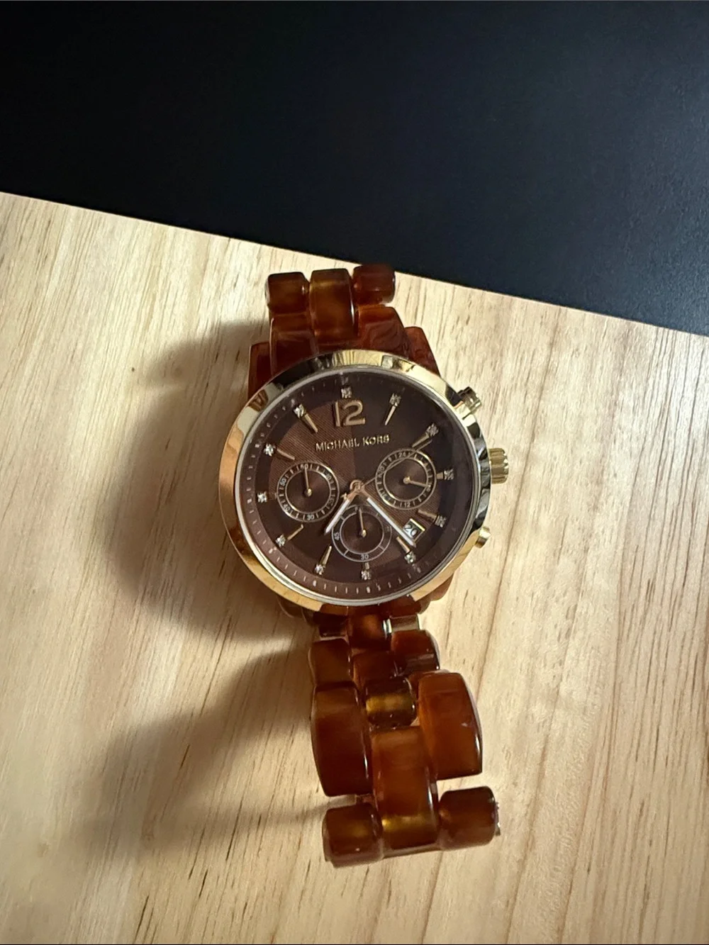 Michael Kors Brown Tortoiseshell Resin Link Chronograph Watch with Gold Accents